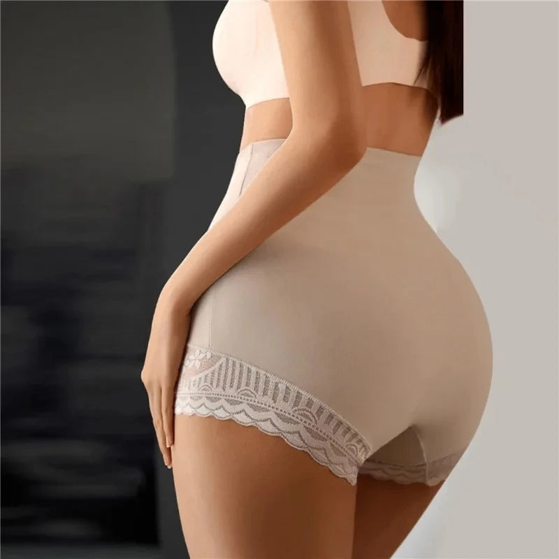 Women Seamless High Waist Tummy Control Shorts Panties with Lace Trim Flat Belly Shaping Slimming Underwear Butt Lifter Boyshort