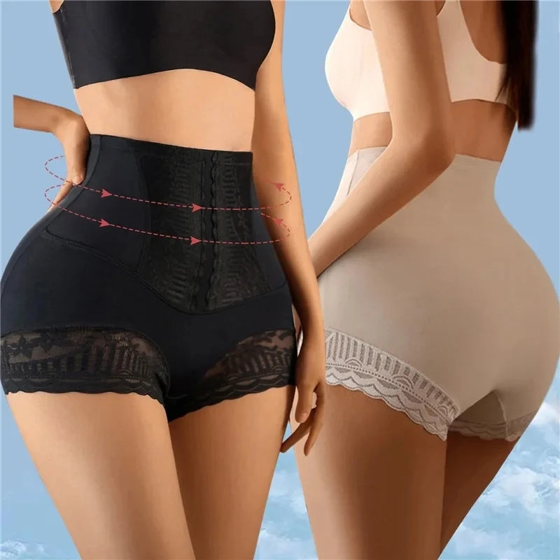 Women Seamless High Waist Tummy Control Shorts Panties with Lace Trim Flat Belly Shaping Slimming Underwear Butt Lifter Boyshort