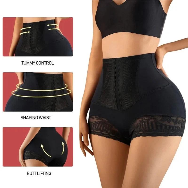 Women Seamless High Waist Tummy Control Shorts Panties with Lace Trim Flat Belly Shaping Slimming Underwear Butt Lifter Boyshort