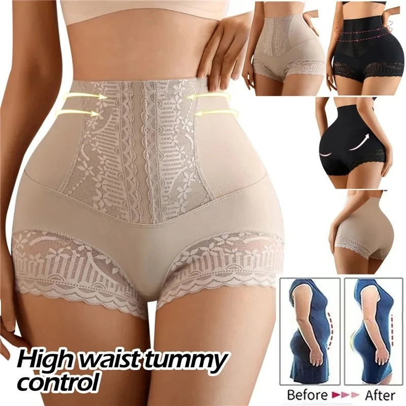 Women Seamless High Waist Tummy Control Shorts Panties with Lace Trim Flat Belly Shaping Slimming Underwear Butt Lifter Boyshort