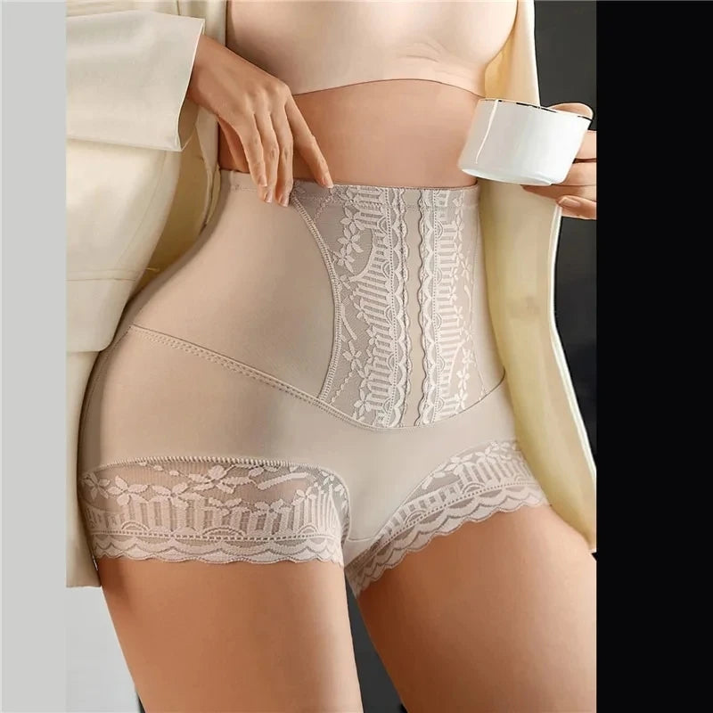 Women Seamless High Waist Tummy Control Shorts Panties with Lace Trim Flat Belly Shaping Slimming Underwear Butt Lifter Boyshort