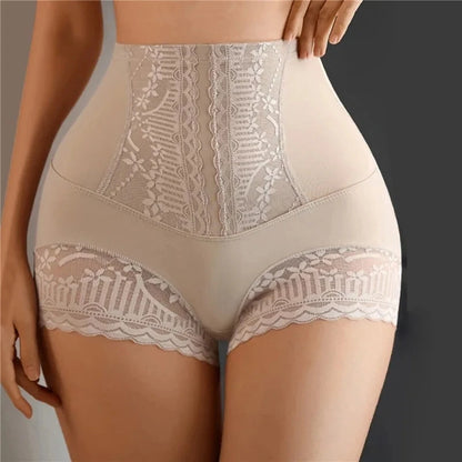 Women Seamless High Waist Tummy Control Shorts Panties with Lace Trim Flat Belly Shaping Slimming Underwear Butt Lifter Boyshort