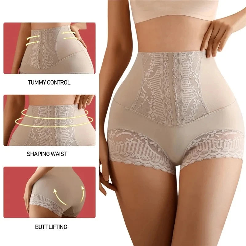 Women Seamless High Waist Tummy Control Shorts Panties with Lace Trim Flat Belly Shaping Slimming Underwear Butt Lifter Boyshort